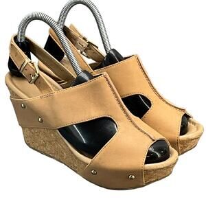 Kenneth Cole Reaction Neutral Tan Leather Slingback Cork Wedge Sandal Women 8.5